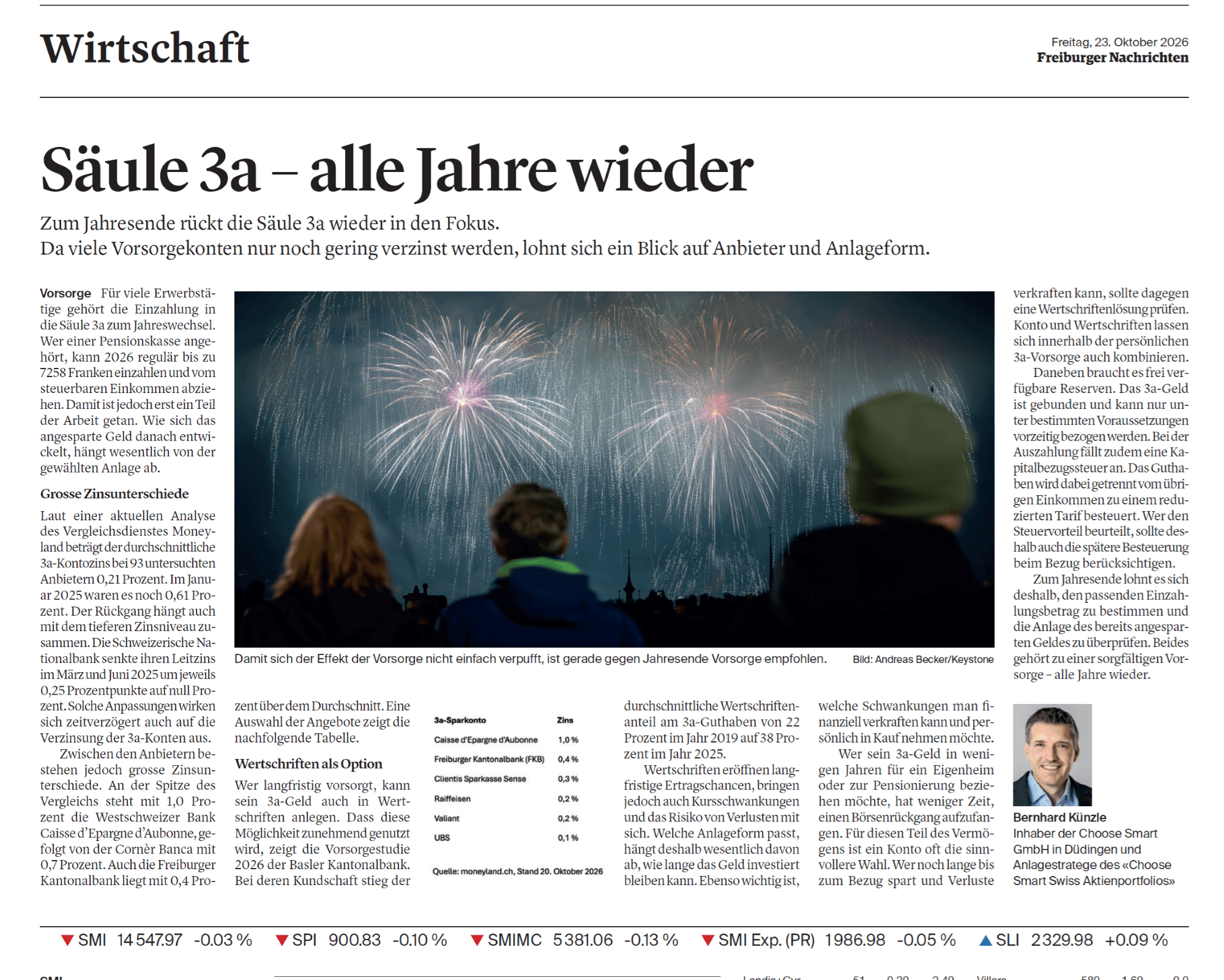 Zeitungsartikel «Säule 3a – alle Jahre wieder» von Bernhard Künzle, Freiburger Nachrichten, 23. Oktober 2026.